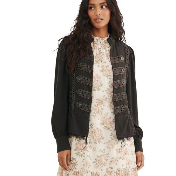 Free People Ariana Embroidered Jacket Jacket Womens XS Washed Black Military - Picture 1 of 7